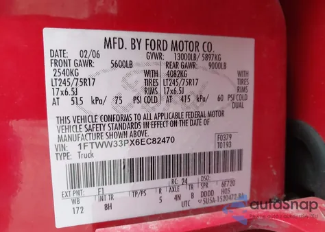 2006 Ford F-350 Lariat/Xl/Xlt z USA, uszkodzony, nr VIN 1FTWW33PX6EC82470